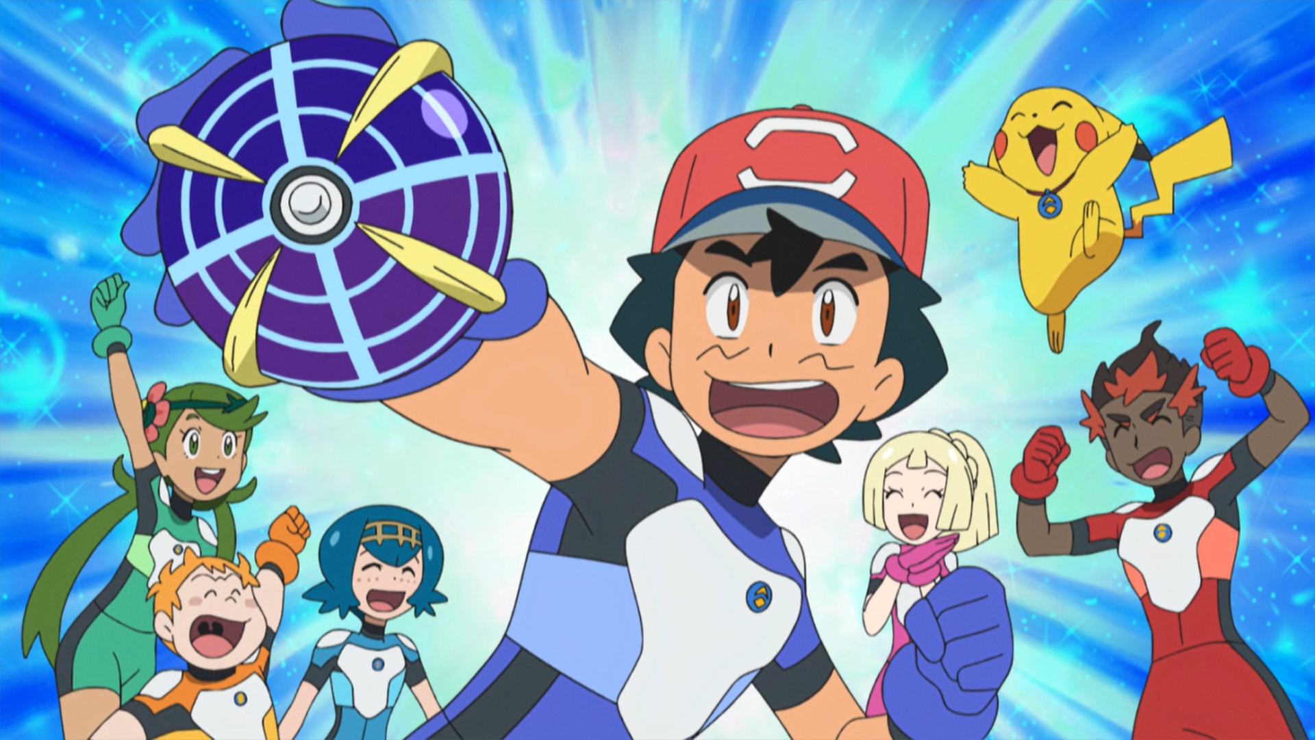 Ash and the Ultra Guardians celebrating with a Beast Ball in the Pokémon anime