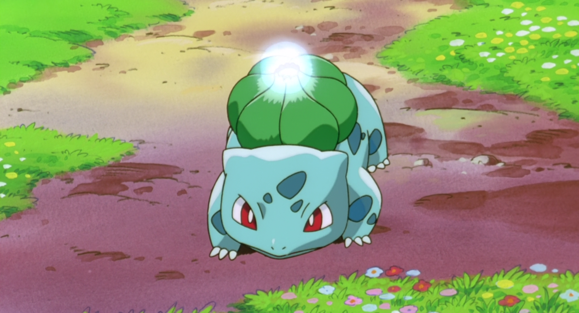 Animated Bulbasaur game sprite in an overgrown forest battle arena