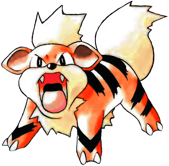 Classic first-generation Growlithe charging through a stylized fire training arena