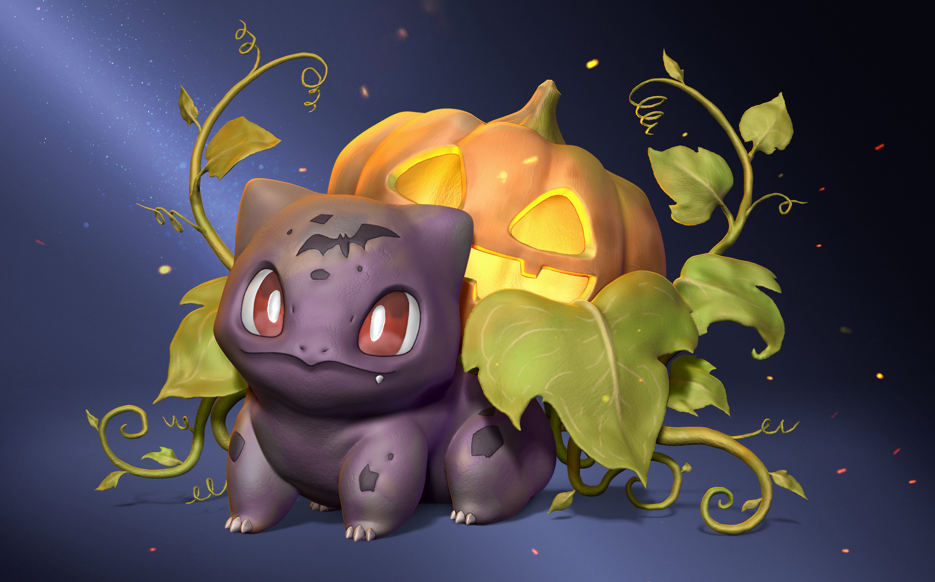 Halloween Bulbasaur with a carved pumpkin bulb in a night garden arena