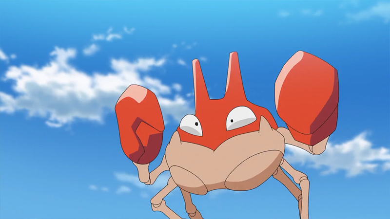 Krabby attacking with raised claws in a coastal battle arena