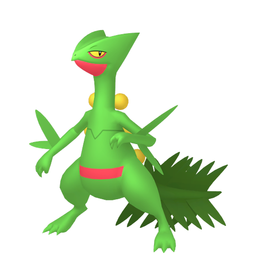 Animated Sceptile game sprite moving through a jungle battle arena