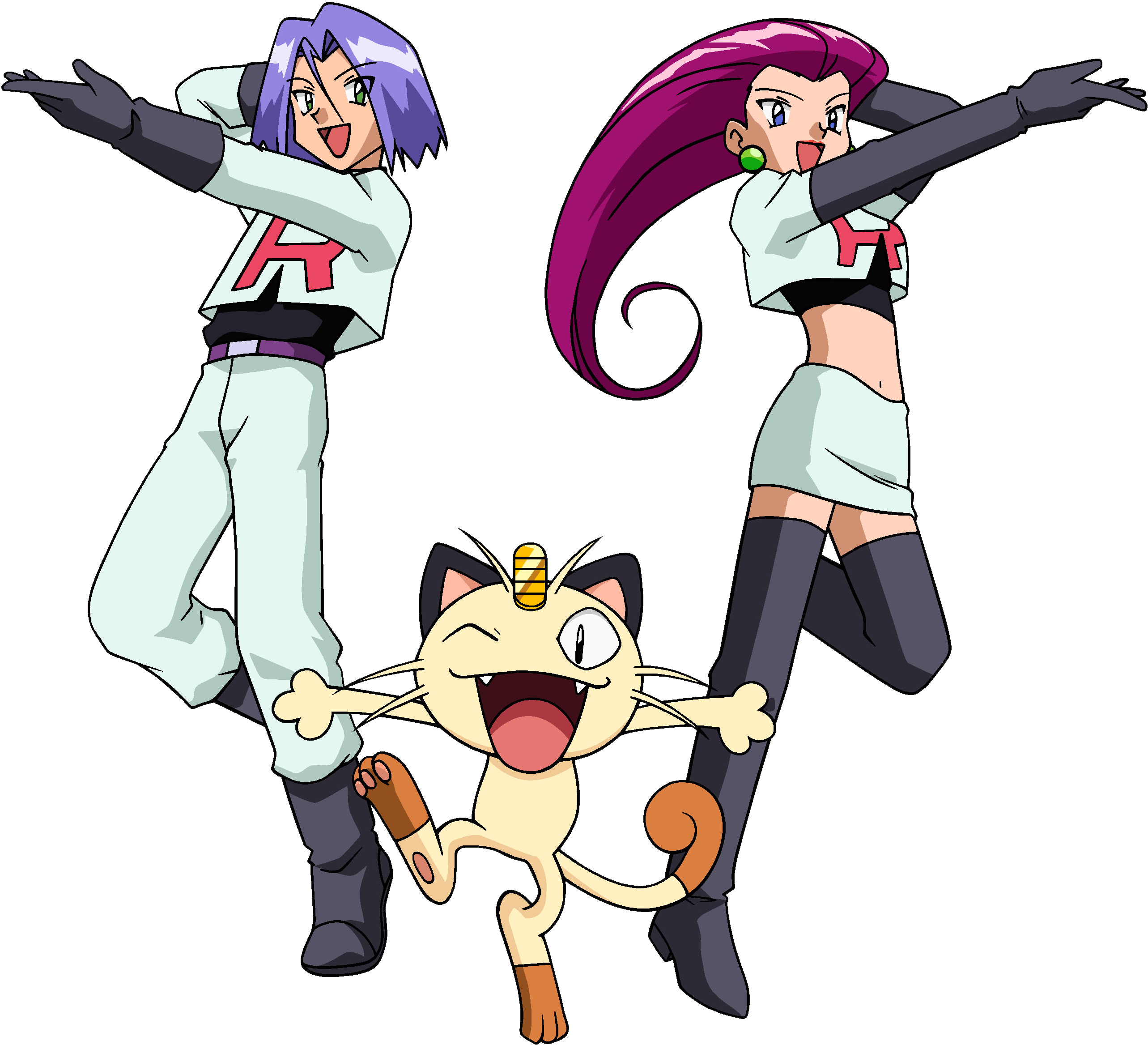 Jessie, James and Meowth posing inside the Team Rocket arena with transparent background