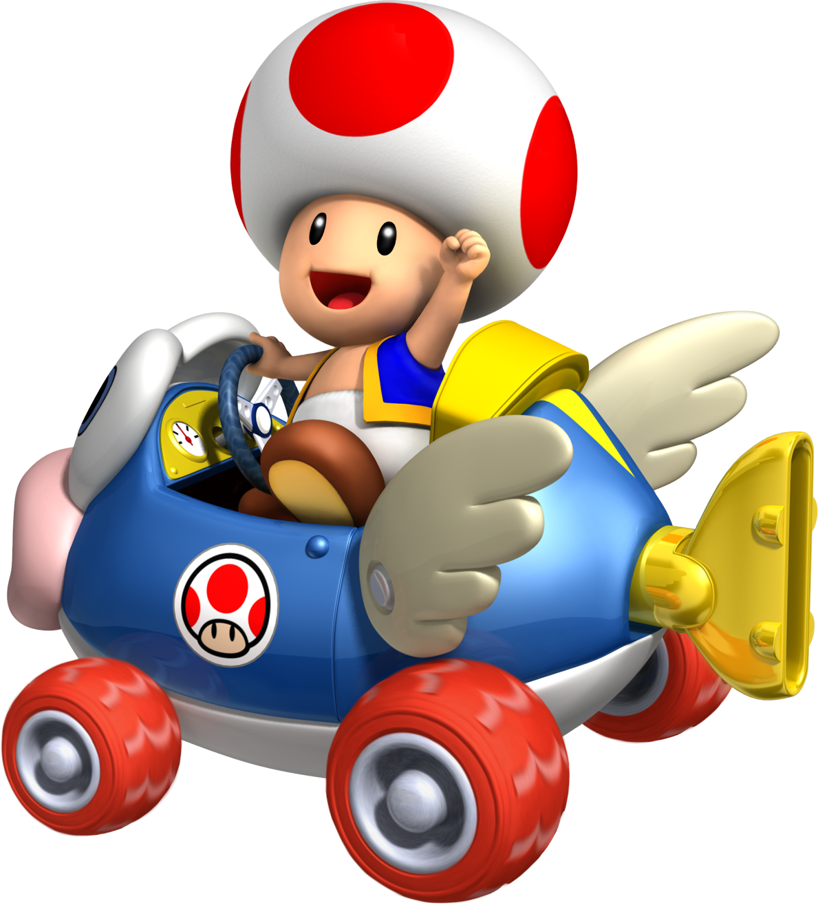 Toad driving his blue kart in Mario Kart